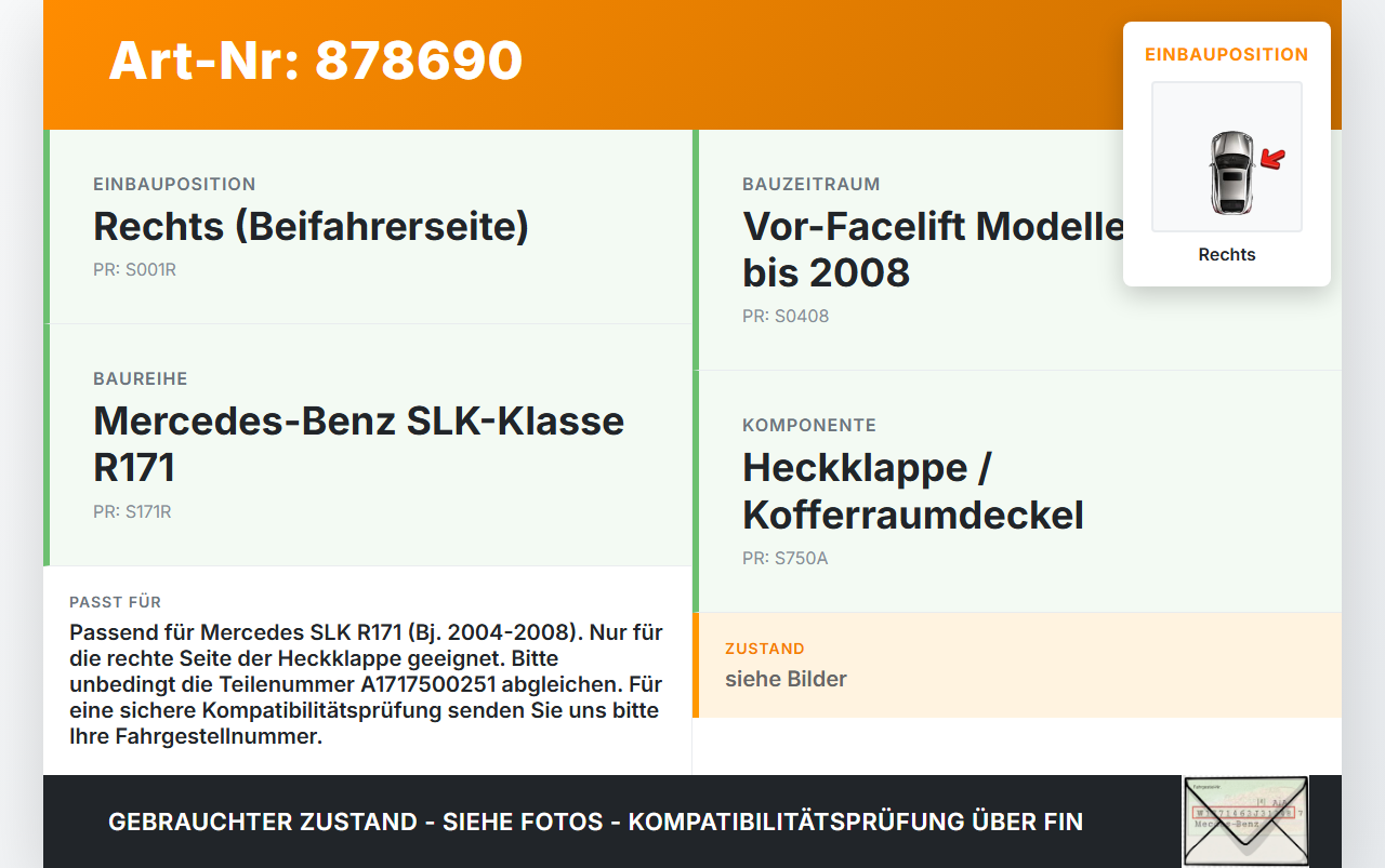 Mercedes SLK R171 04-08 Scharniere Scharnier für Heckklappe Rechts Mercedes SLK R171 04-08 31.01.2006 A1717500251... Vorschau 3