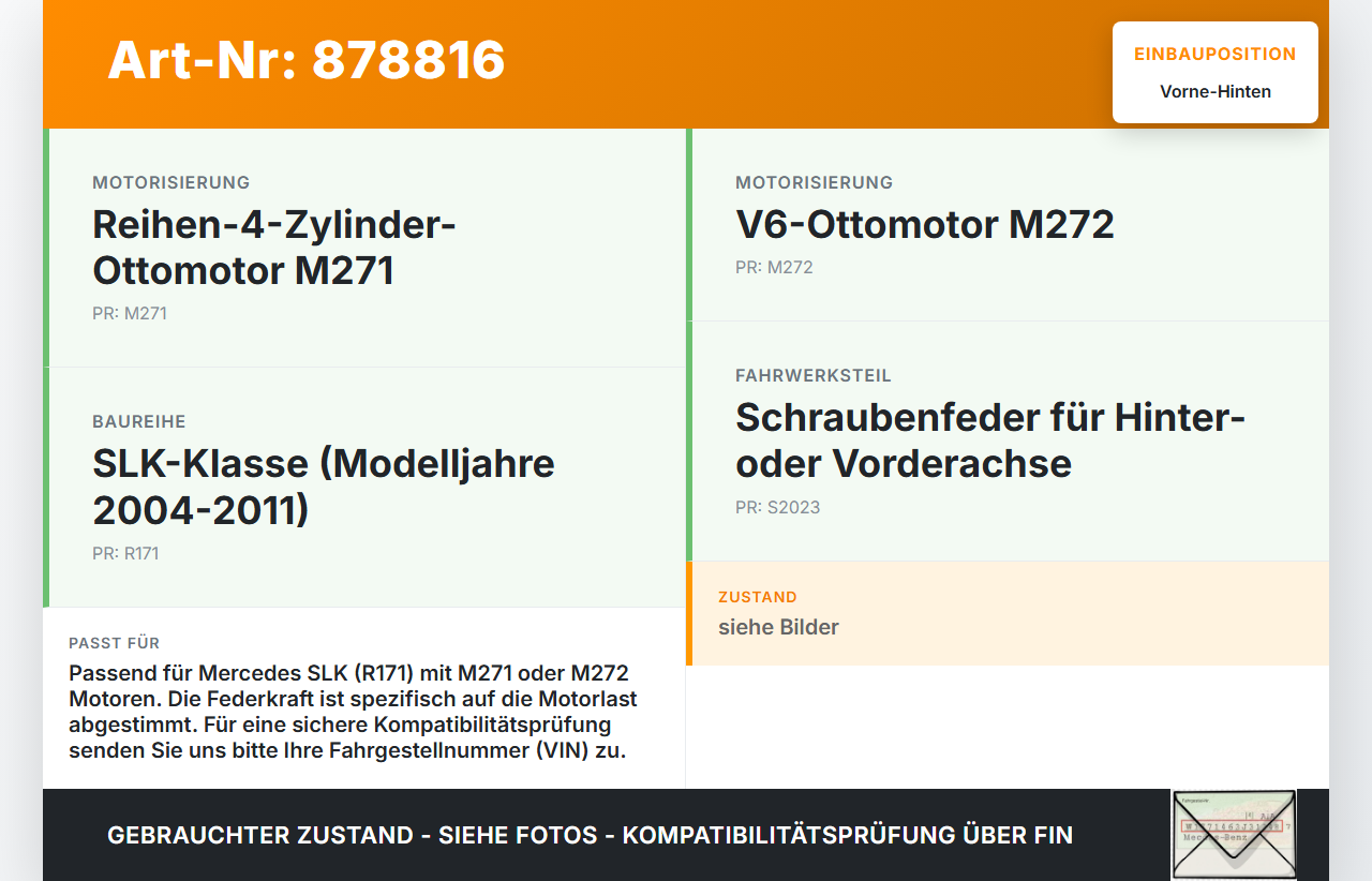Mercedes SLK R171 04-08 Feder Federn Hinten und Vorne Mercedes SLK R171 04-08 31.01.2006 A2023242504 29218 gebraucht Vorschau 3