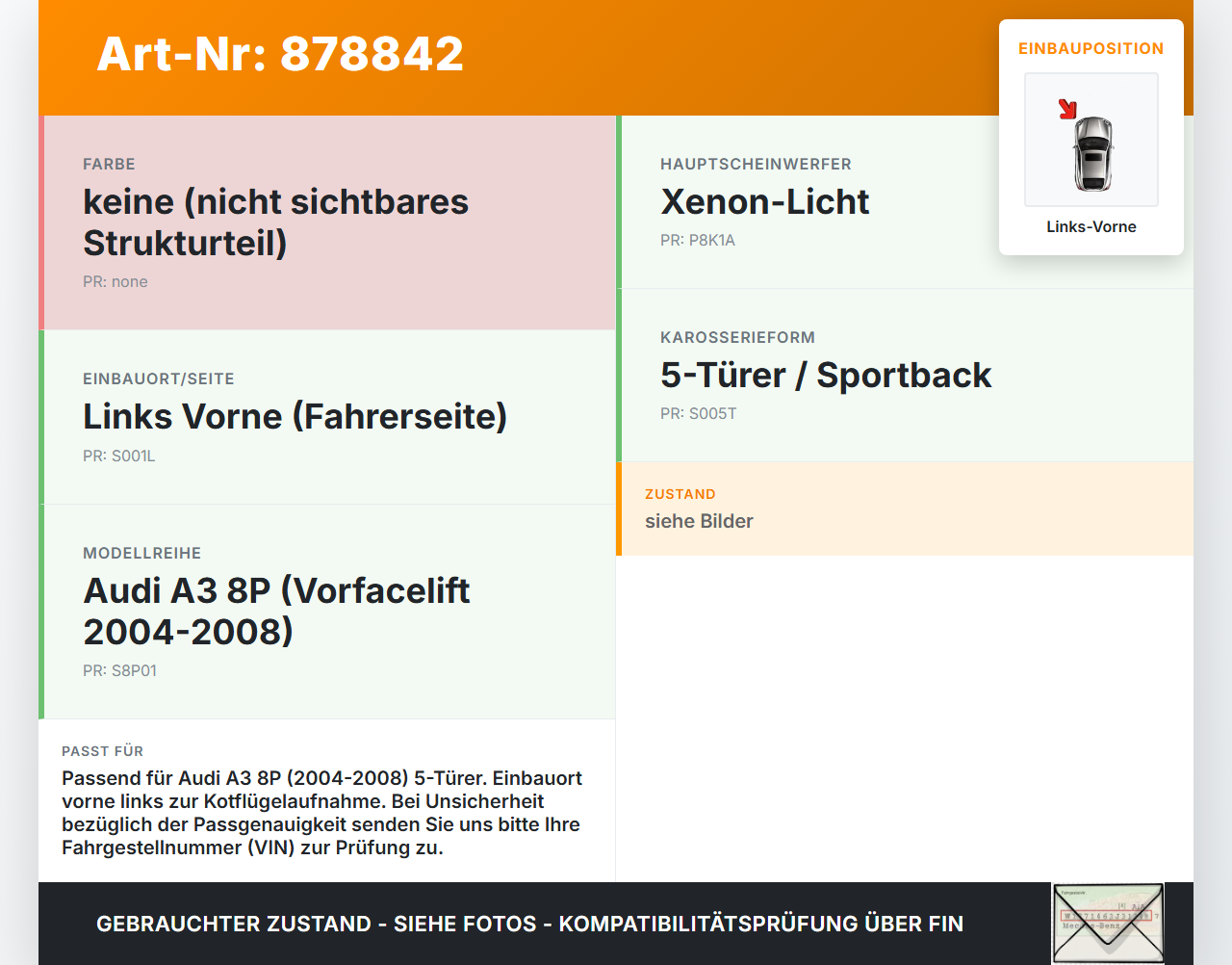 Audi A3 8P 04-08 5T Halter Träger Aufnahme Führung für Kotflügel Links Vorne Audi A3 8P 04-08 23.11.2004 8P0807184A... Vorschau 3