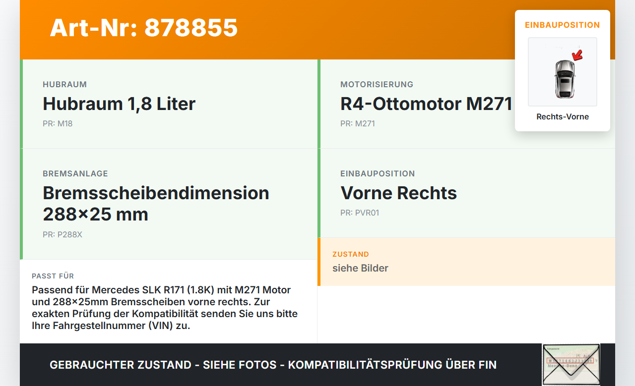 Mercedes SLK R171 04-08 1,8K 120KW Bremssattel Bremszange Vorne Rechts 288x25 Mercedes SLK R171 04-08 31.01.2006... Vorschau 3