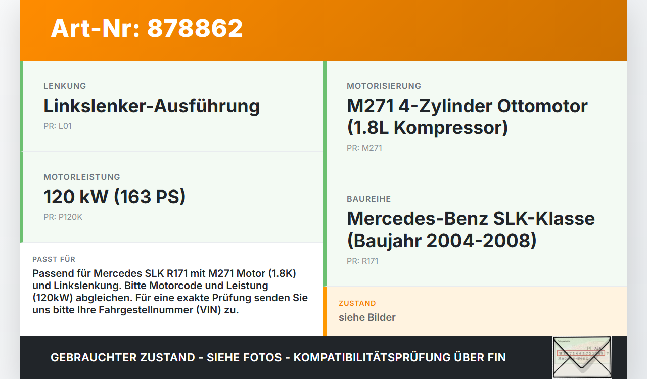 Mercedes SLK R171 04-08 1,8K 120KW Katalysator Kat Mercedes SLK R171 04-08 31.01.2006 A2711402709 gebraucht Vorschau 3