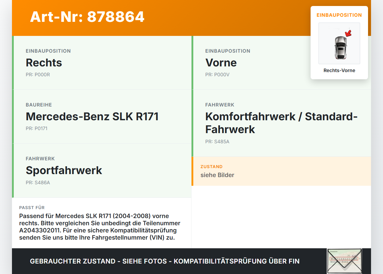 Mercedes SLK R171 04-08 Querlenker Rechts Vorne Mercedes SLK R171 04-08 31.01.2006 A2043302011 214408534 gebraucht Vorschau 3