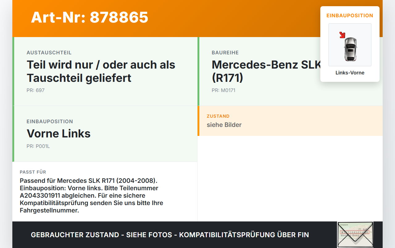 Mercedes SLK R171 04-08 Querlenker Links Vorne Mercedes SLK R171 04-08 31.01.2006 A2043301911 214398534 gebraucht Vorschau 3