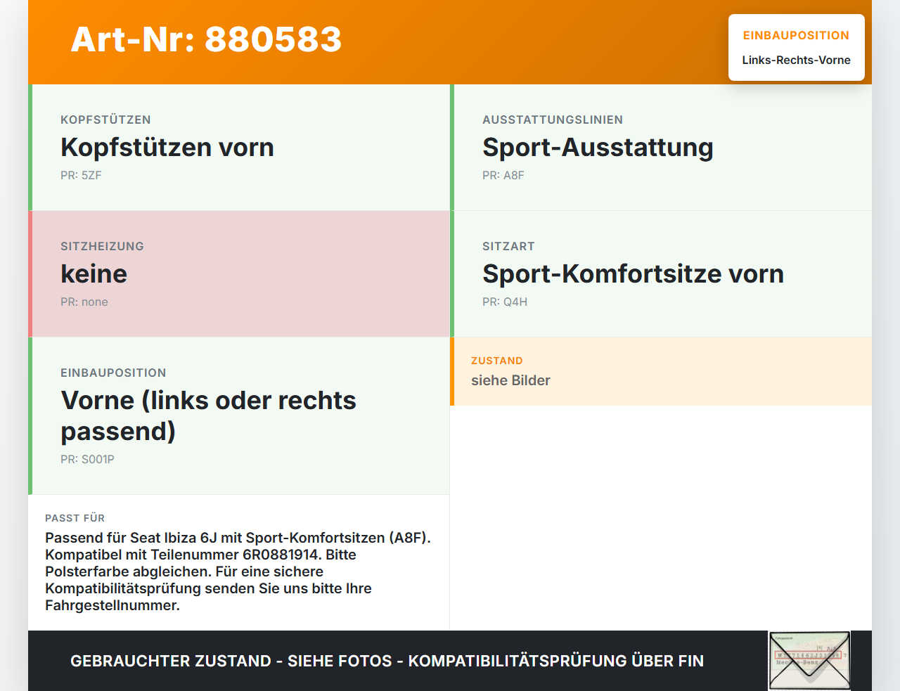 Seat Ibiza IV 6J 08-12 Kopfstütze für Fahrer Sitz Rechts oder Links Vorne Seat Ibiza IV 6J 08-12 07.10.2010... Vorschau 3