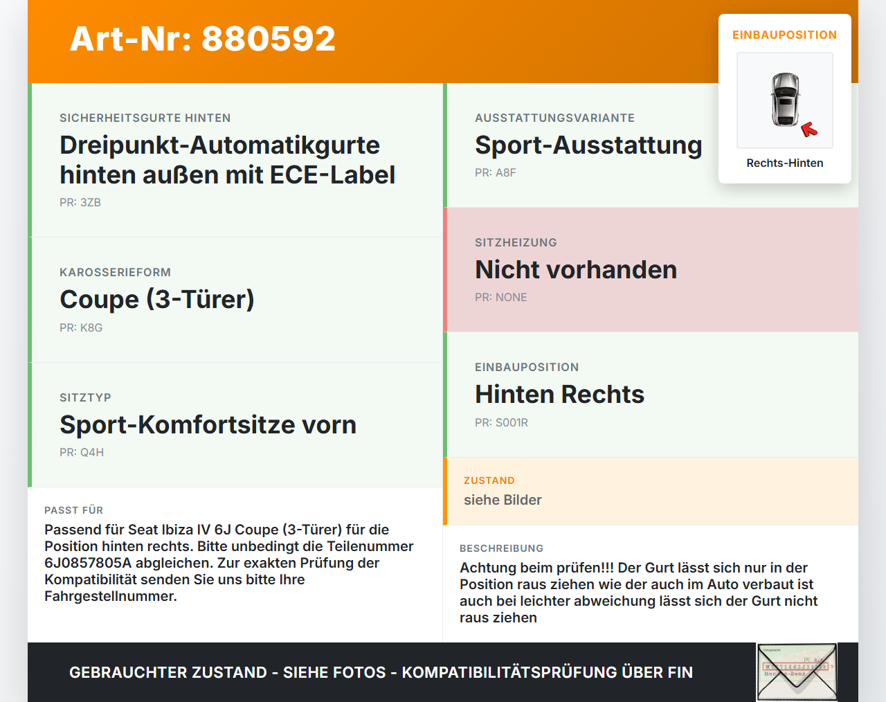 Seat Ibiza IV 6J 08-12 Coupe Gurt Sicherheitsgurt Rechts Hinten Seat Ibiza IV 6J 08-12 07.10.2010 6J0857805A... Vorschau 3