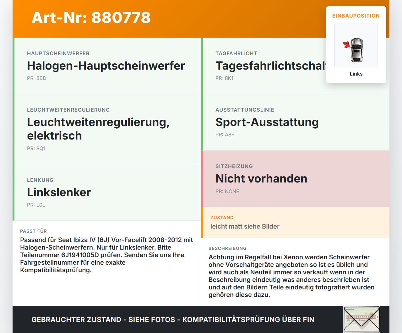 Seat Ibiza IV 6J 08-12 Scheinwerfer Frontscheinwerfer Links Seat Ibiza IV 6J 08-12 07.10.2010 6J1941005D 6J1941006D... Vorschau 3