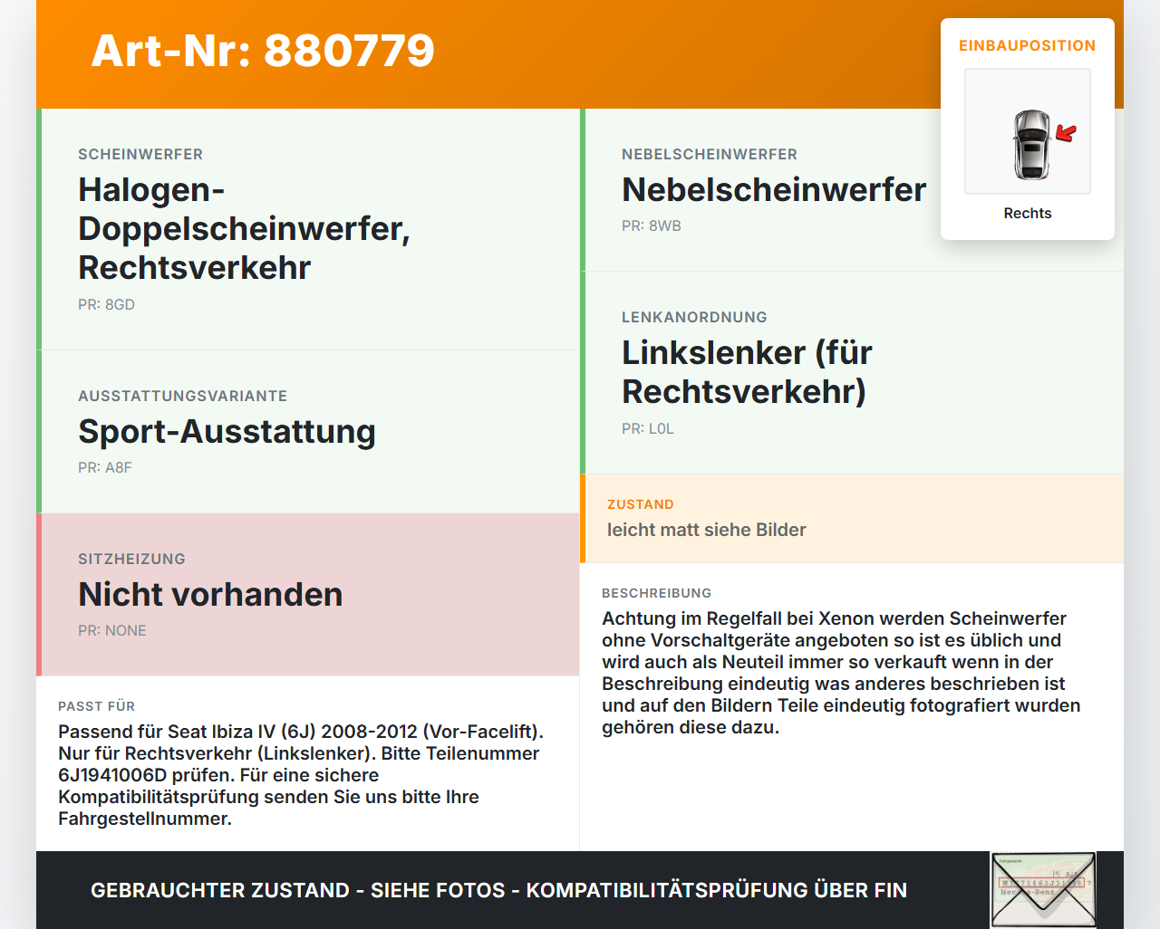 Seat Ibiza IV 6J 08-12 Scheinwerfer Frontscheinwerfer Rechts orig. Seat Ibiza IV 6J 08-12 07.10.2010 6J1941006D... Vorschau 3