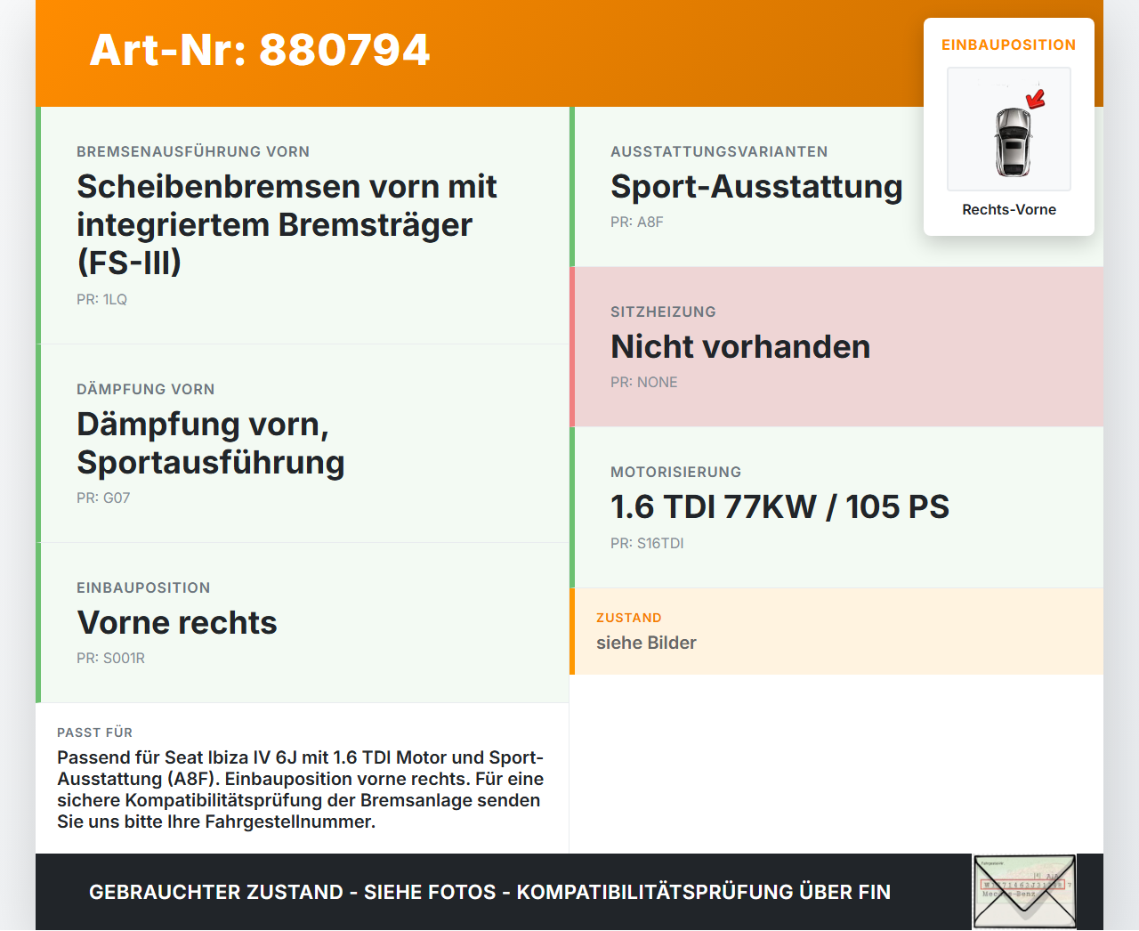 Seat Ibiza IV 6J 08-12 Tdi 1,6 77KW Achsschenkel Radnabe Rechts Vorne Seat Ibiza IV 6J 08-12 07.10.2010 6Q0407256S... Vorschau 3