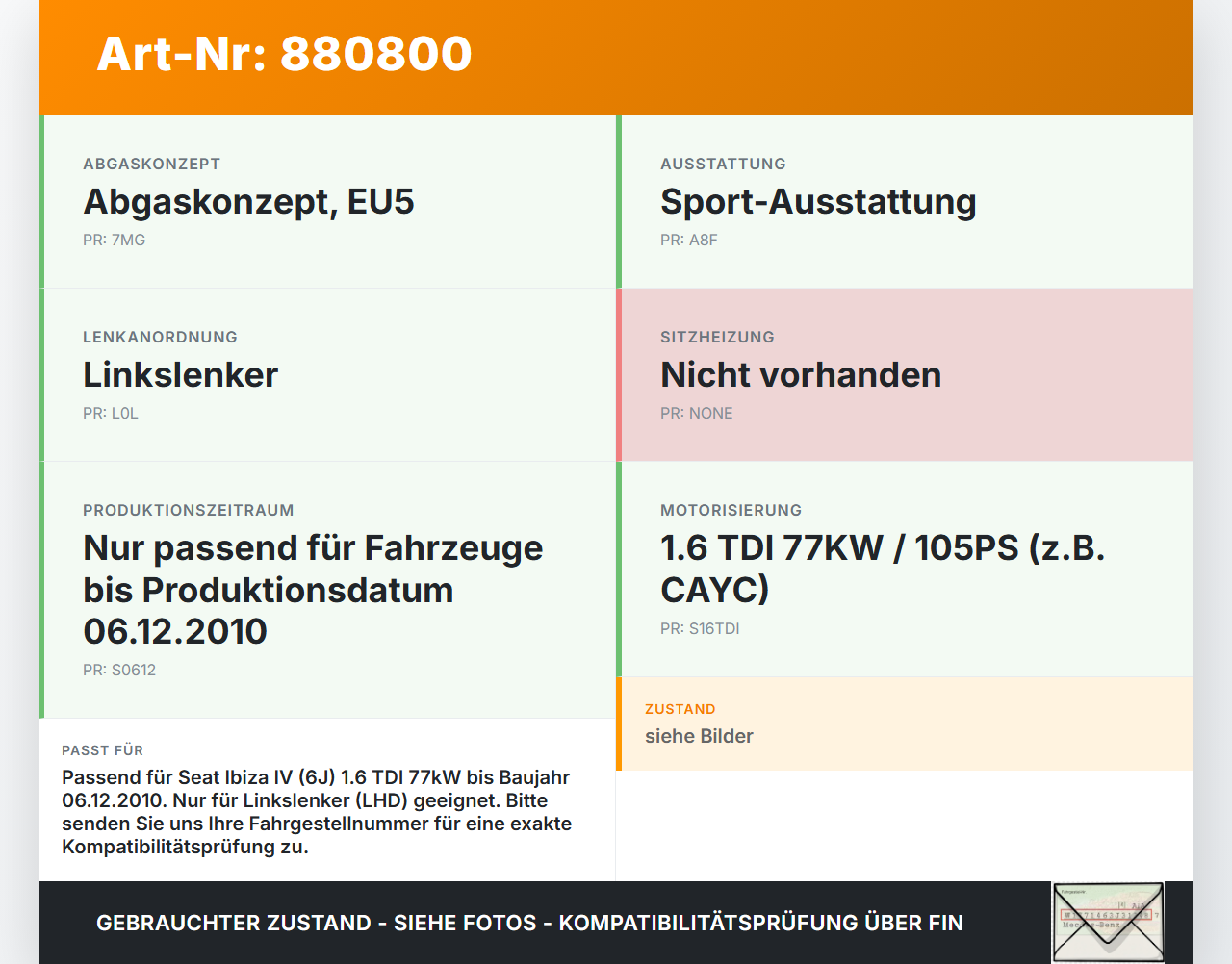 Seat Ibiza IV 6J 08-12 Tdi 1,6 77KW Katalysator Kat Flexrohr Seat Ibiza IV 6J 08-12 07.10.2010 6R0254700EX gebraucht Vorschau 3