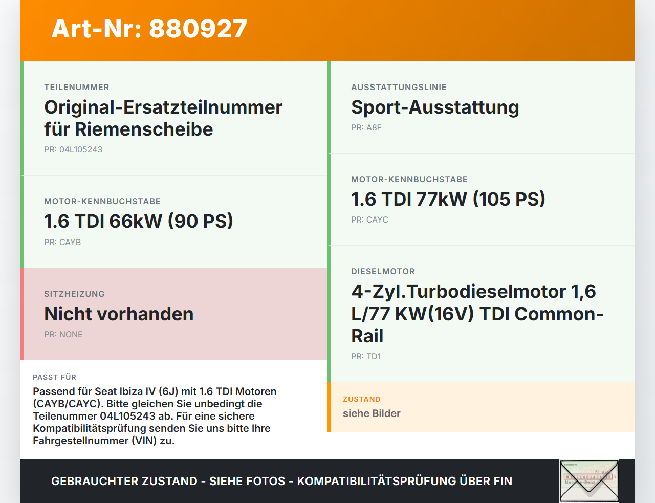 Seat Ibiza IV 6J 08-12 Tdi 1,6 77KW CAYC Riemenscheibe Seat Ibiza IV 6J 08-12 07.10.2010 04L105243 gebraucht Vorschau 3
