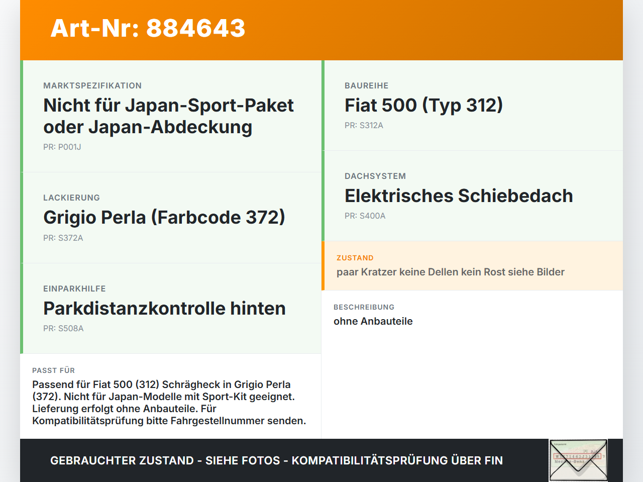 Fiat 500 312 07-15 Heckklappe Kofferraumdeckel 372 Fiat 500 312 07-15 29.10.2014 51802828 gebraucht Vorschau 3