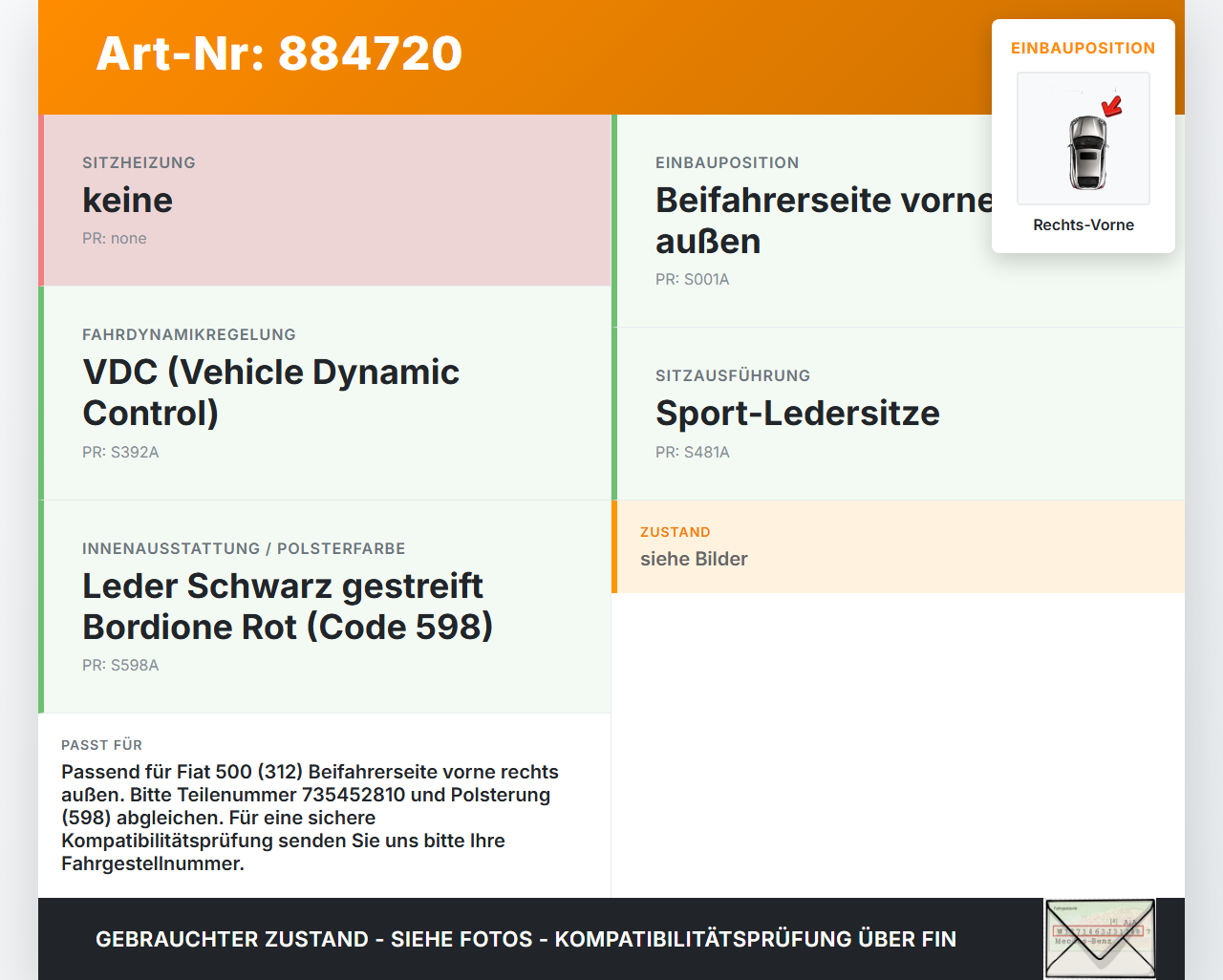 Fiat 500 312 07-15 Gurtstraffer Beifahrer Rechts Vorne Aussen Fiat 500 312 07-15 29.10.2014 07354528100 34022870B... Vorschau 3