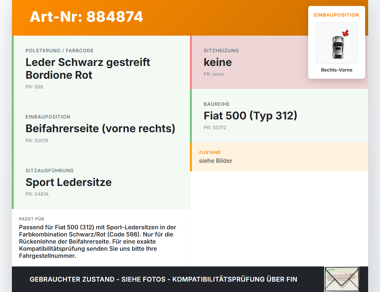 Fiat 500 312 07-15 Leder Sitzbezug Rückenpolster Rechts Vorne für Beifahrer Sitz Schwarz Rot Fiat 500 312 07-15... Vorschau 3