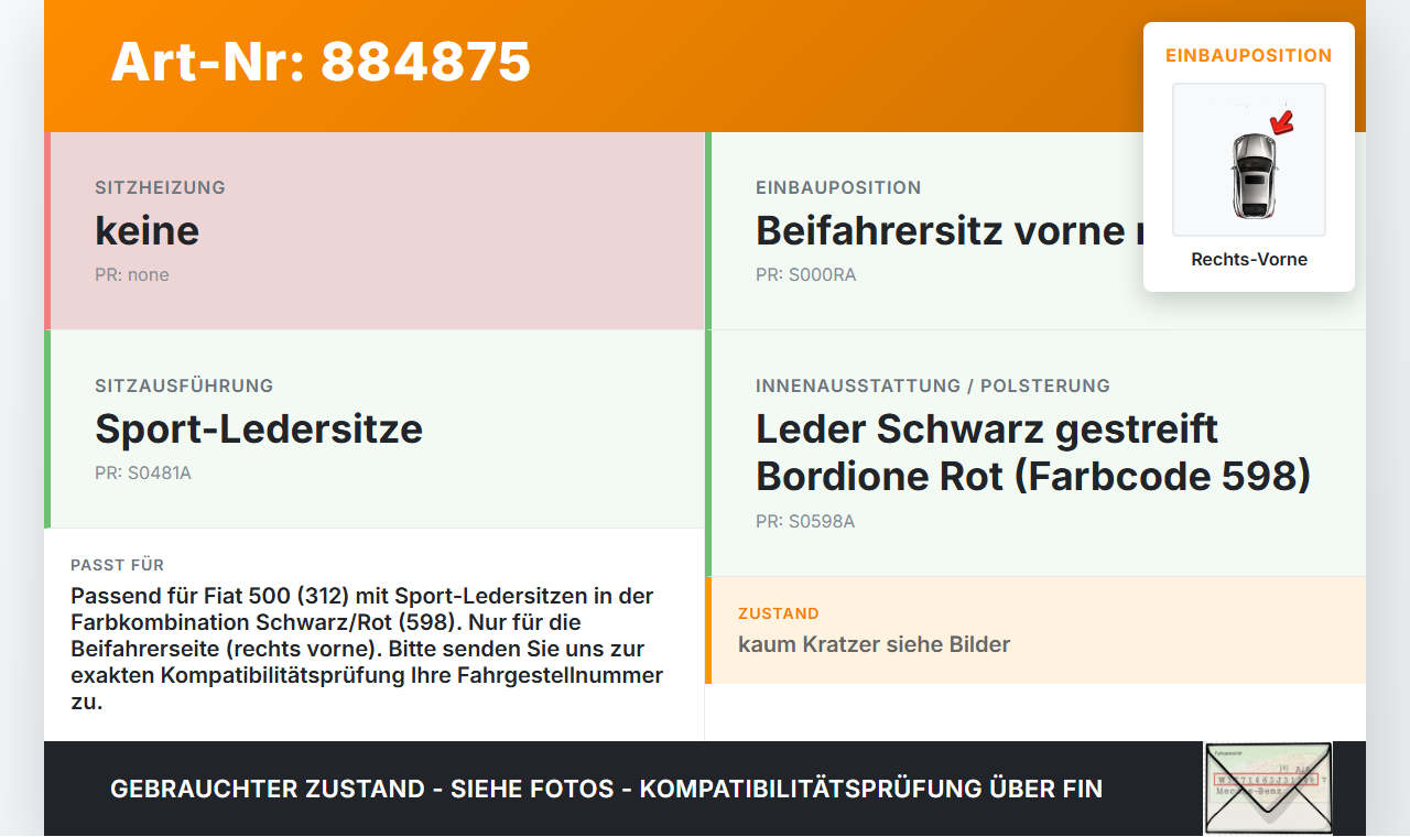 Fiat 500 312 07-15 Leder Sitzbezug Sitzpolster für Beifahrersitz Rechts Vorne Schwarz Rot Fiat 500 312 07-15... Vorschau 3