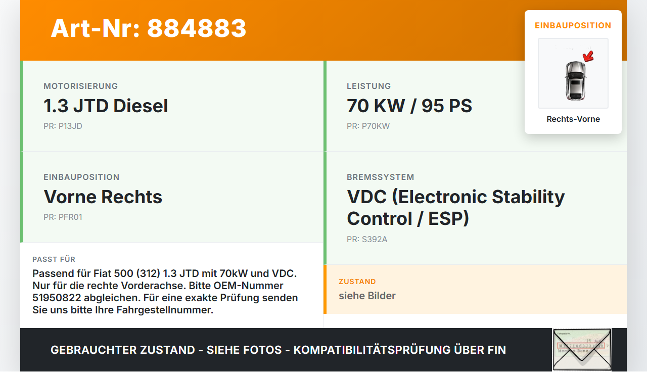 Fiat 500 312 07-15 1,3JTD 70KW Bremssattel Bremszange Vorne Rechts Fiat 500 312 07-15 29.10.2014 51950822 gebraucht Vorschau 3