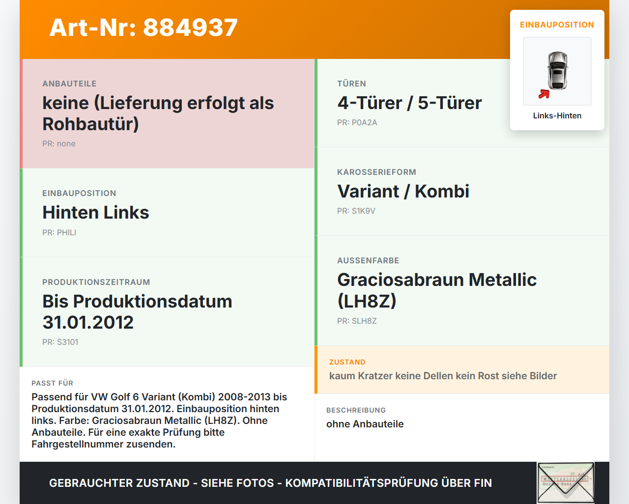 VW Golf 6 VI Variant 08-13 Kombi Tür Links Hinten LH8Z VW Golf 6 VI Variant 08-13 05.01.2012 1K9833055 gebraucht Vorschau 3