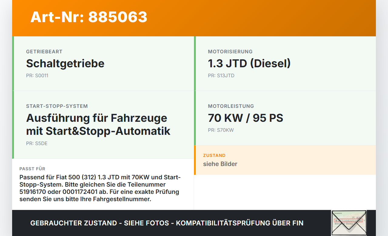 Fiat 500 312 07-15 1,3JTD 70KW Anlasser Starter Fiat 500 312 07-15 29.10.2014 51916170 0001172401 gebraucht Vorschau 3