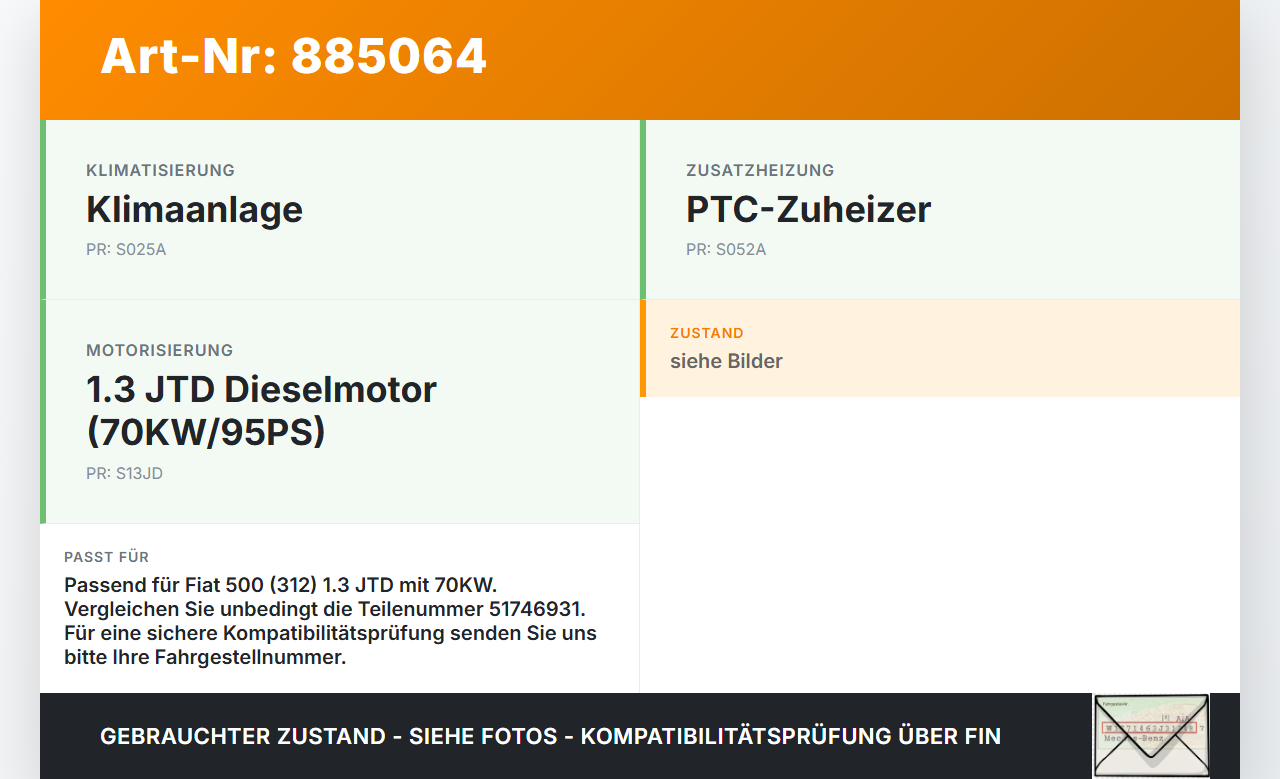 Fiat 500 312 07-15 1,3JTD 70KW Klimakompressor Klima Kompressor Fiat 500 312 07-15 29.10.2014 51746931 gebraucht Vorschau 3