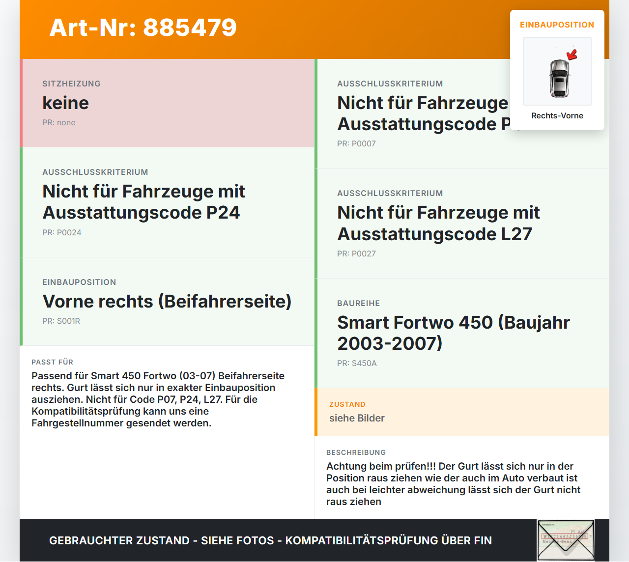 Smart 450 Fortwo 03-07 Coupe Gurt Sicherheitsgurt Gurtstraffer Beifahrer Rechts Vorne Smart 450 Fortwo 03-07... Vorschau 3