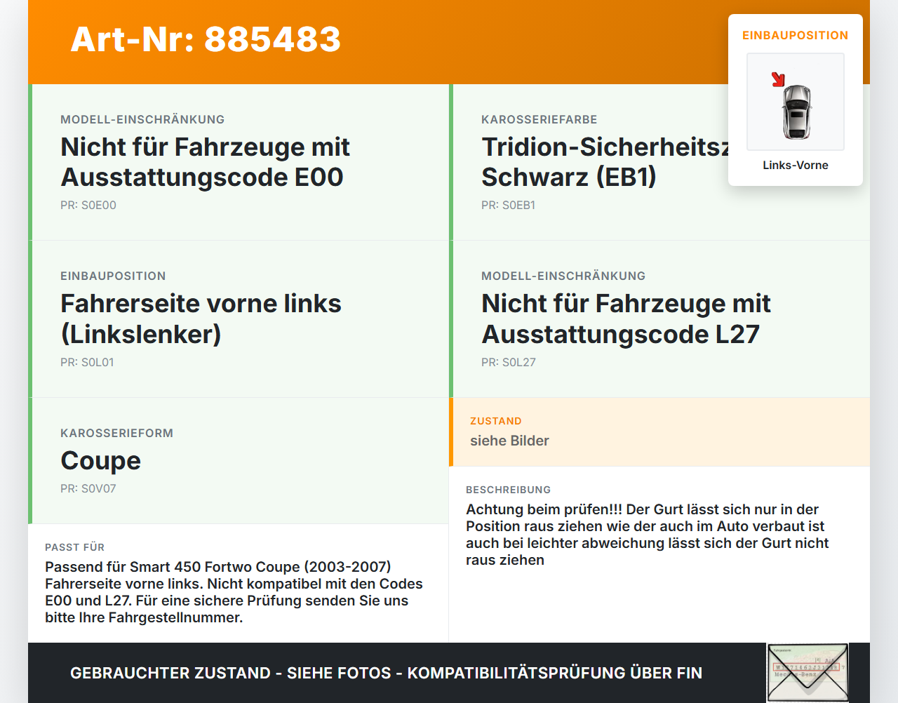 Smart 450 Fortwo 03-07 Coupe Gurt Sicherheitsgurt m. Gurtstraffer Fahrer Links Vorne Smart 450 Fortwo 03-07... Vorschau 3
