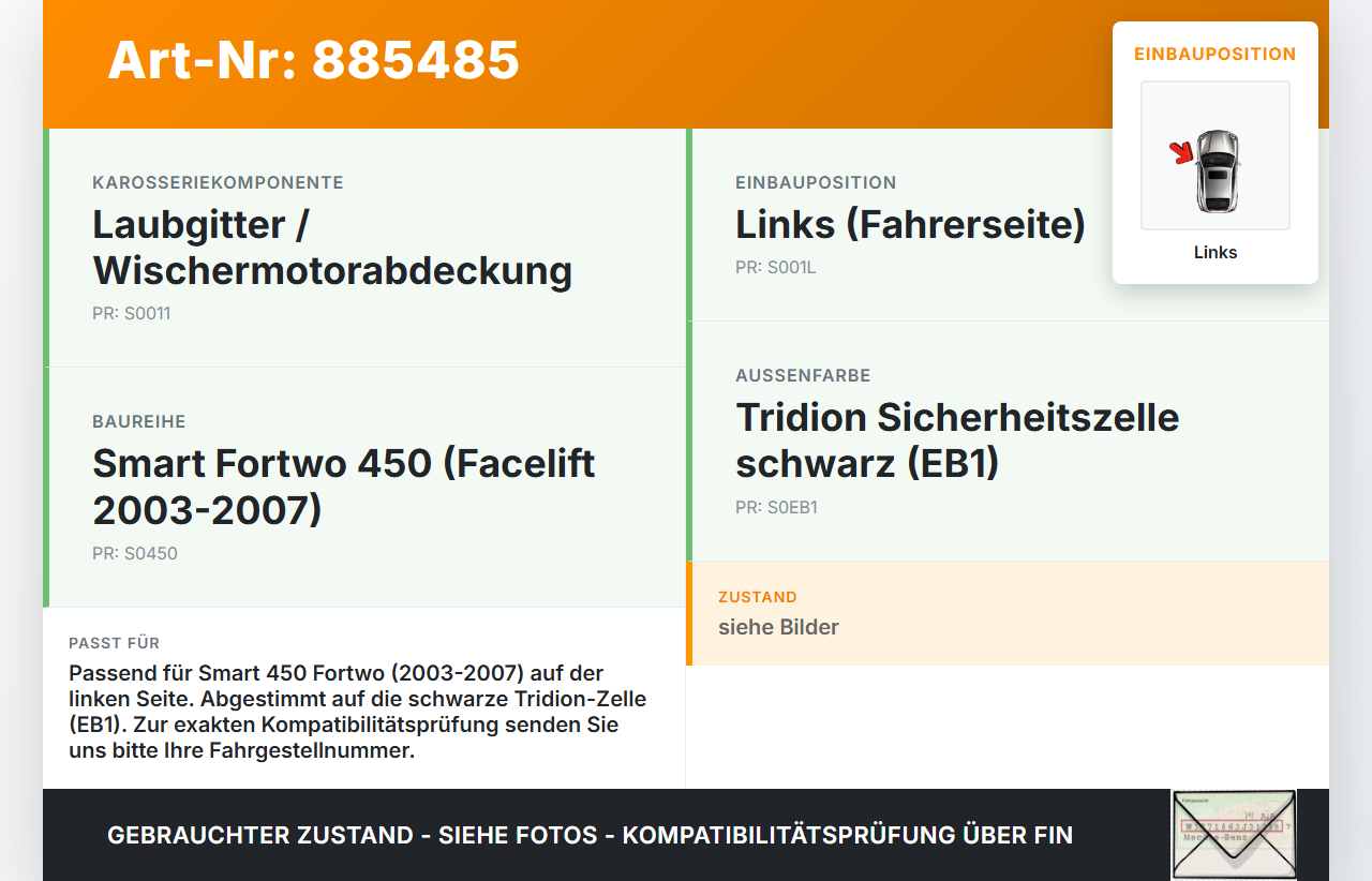 Smart 450 Fortwo 03-07 Laubgitter Leafgrill Grill Links Wischermotorabdeckung Smart 450 Fortwo 03-07 03.06.2004... Vorschau 3