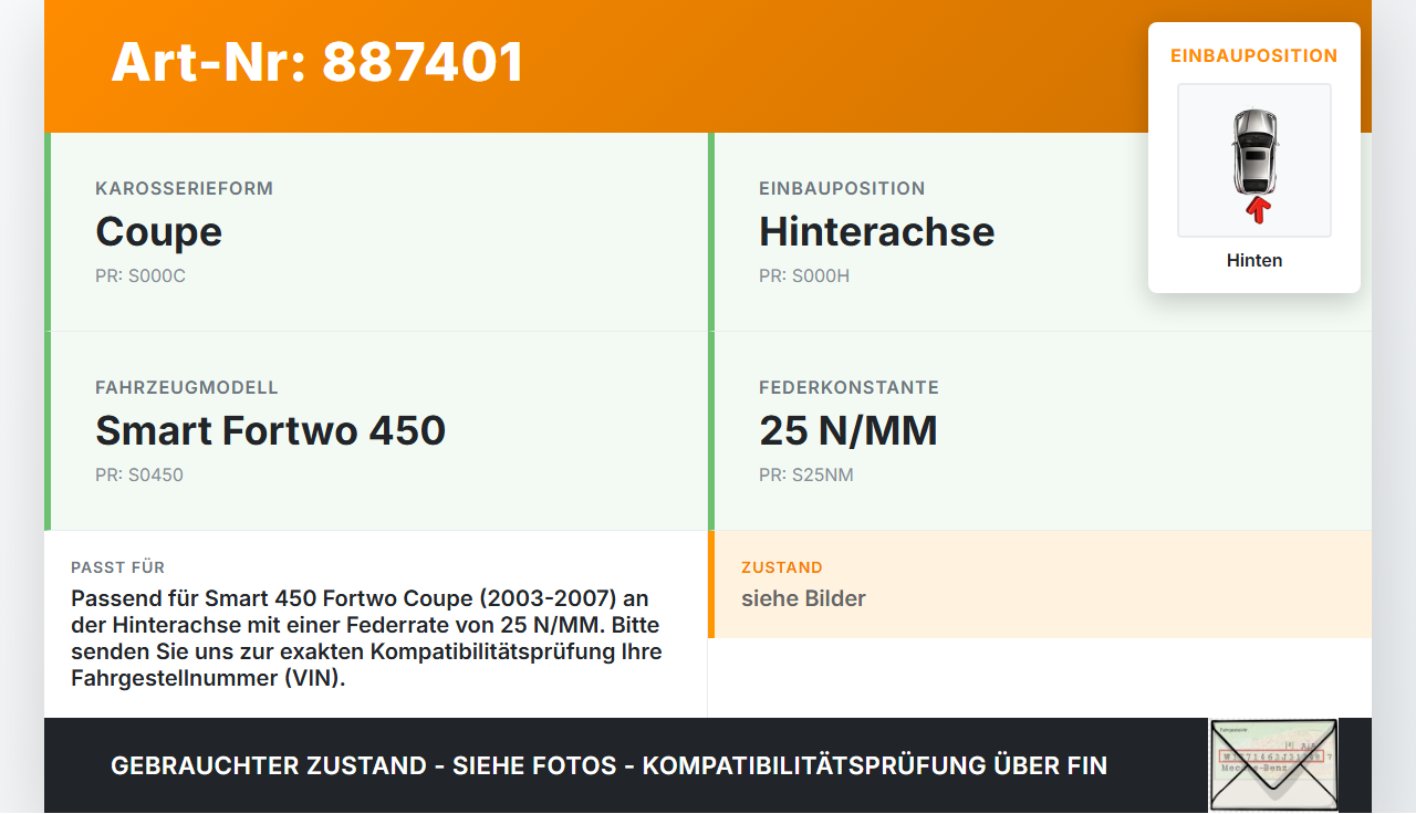 Smart 450 Fortwo 03-07 Coupe Beide Feder Federn Hinten Smart 450 Fortwo 03-07 03.06.2004 Q0012187V001000000 gebraucht Vorschau 3