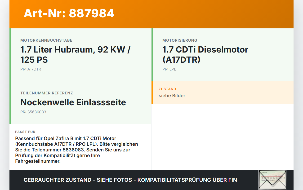 Opel Zafira B  A05 11-16 CDTi 1,7 92KW A17DTR LPL Nockenwelle Einlass Opel Zafira B  A05 11-16 04.06.2013 98020450... Vorschau 3