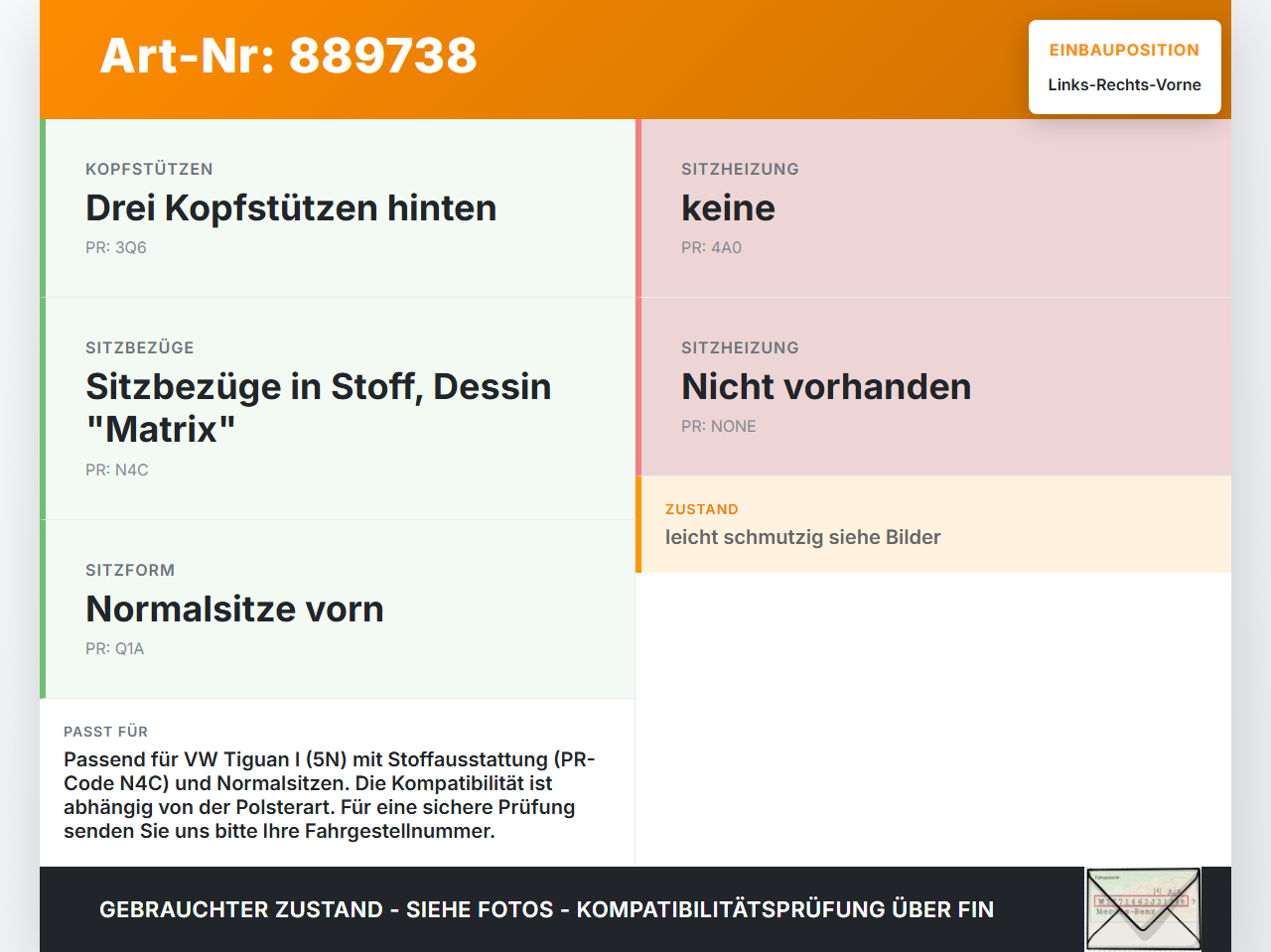 VW Tiguan I 5N 11-16 Kopfstütze für Fahrer Sitz Rechts oder Links Vorne VW Tiguan I 5N 11-16 10.08.2011 5M0885901AE... Vorschau 3