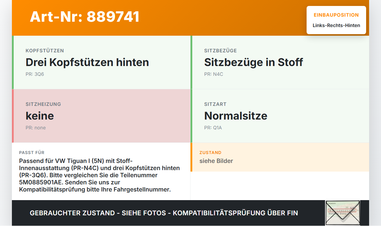 VW Tiguan I 5N 11-16 Kopfstütze Rechts oder Links Hinten VW Tiguan I 5N 11-16 10.08.2011 5M0885901AE gebraucht Vorschau 3