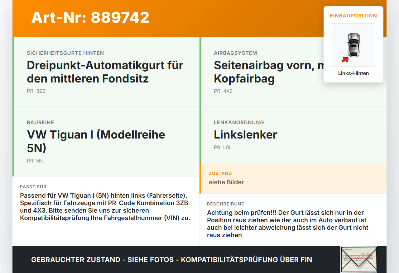 VW Tiguan I 5N 11-16 Gurt Sicherheitsgurt m. Gurtstraffer Fahrer Links Hinten VW Tiguan I 5N 11-16 10.08.2011... Vorschau 3