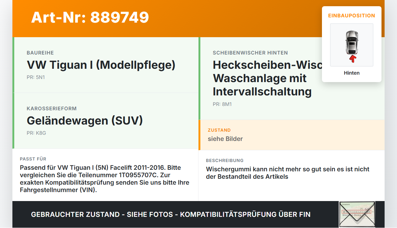 VW Tiguan I 5N 11-16 Heckwischer Scheibenwischer Hinten Wischarm VW Tiguan I 5N 11-16 10.08.2011 1T0955707C gebraucht Vorschau 3