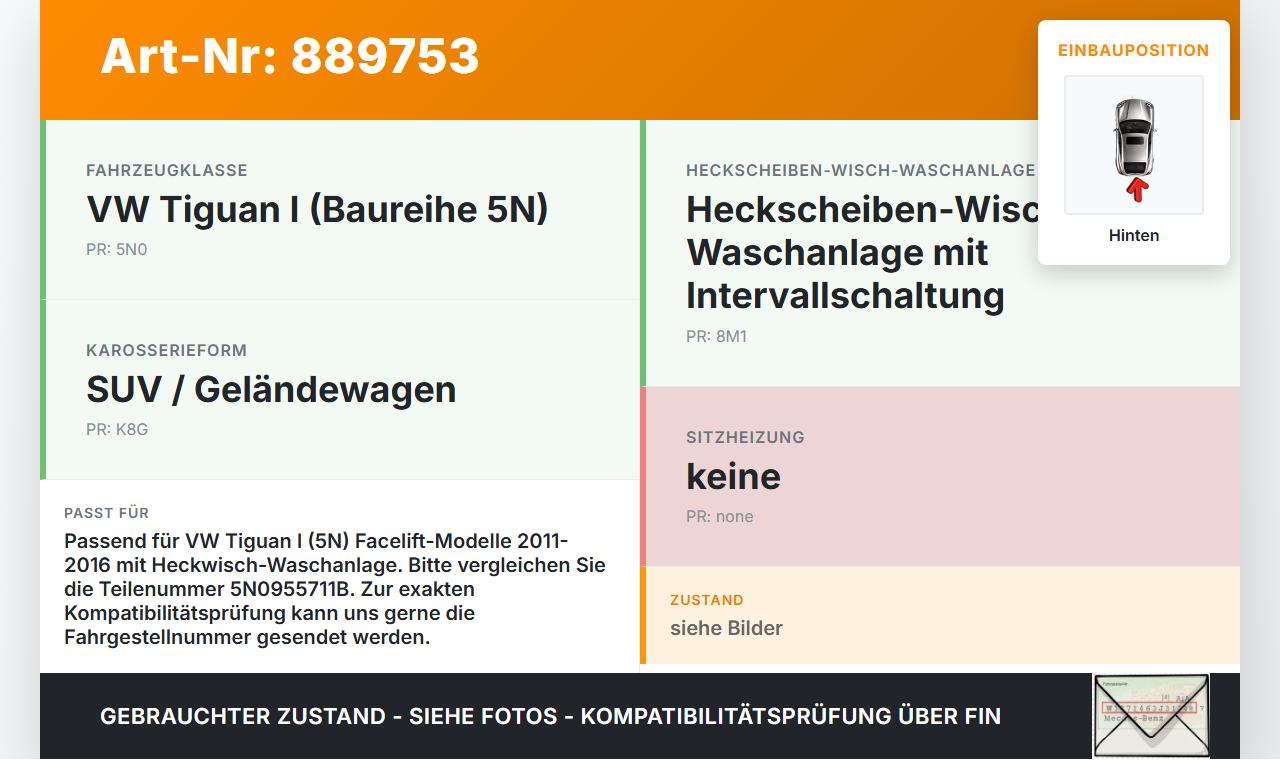 VW Tiguan I 5N 11-16 Wischermotor Hinten Heckwischermotor VW Tiguan I 5N 11-16 10.08.2011 5N0955711B 5N0955711A... Vorschau 3