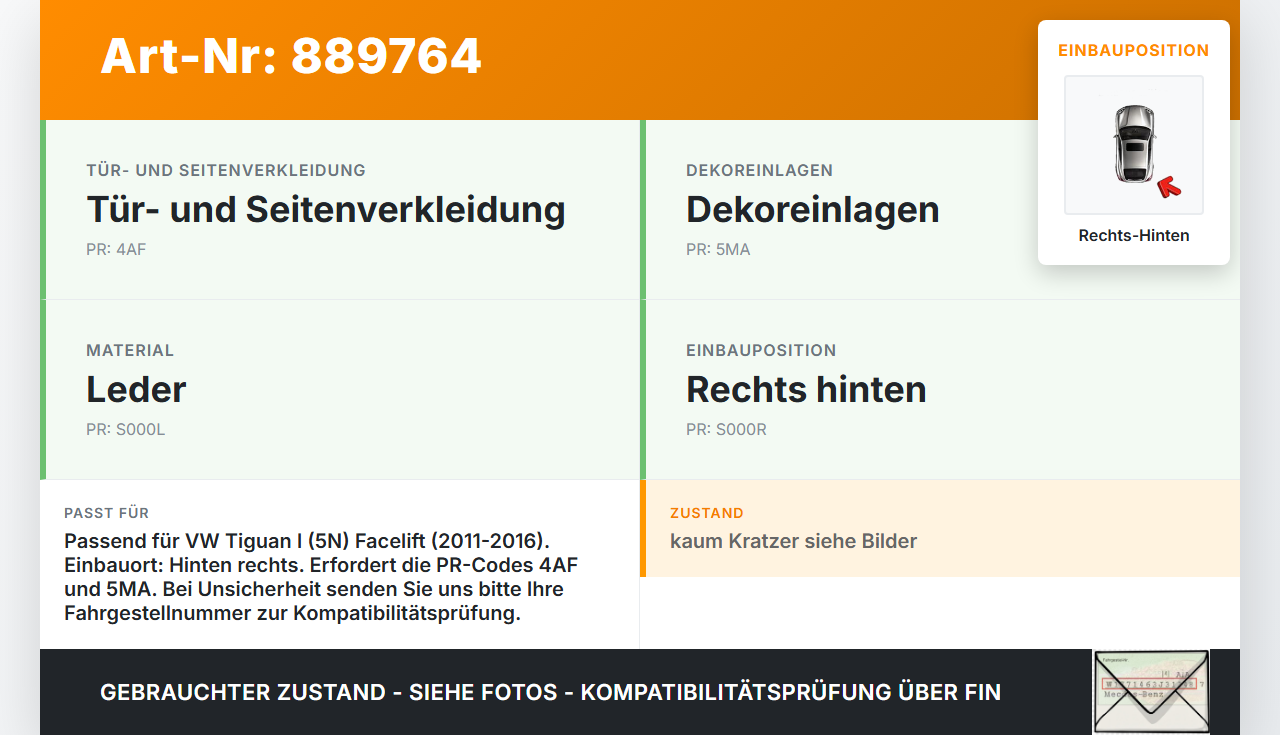 VW Tiguan I 5N 11-16 Türverkleidung Türpappe Rechts Hinten VW Tiguan I 5N 11-16 10.08.2011 5N0867012B gebraucht Vorschau 3