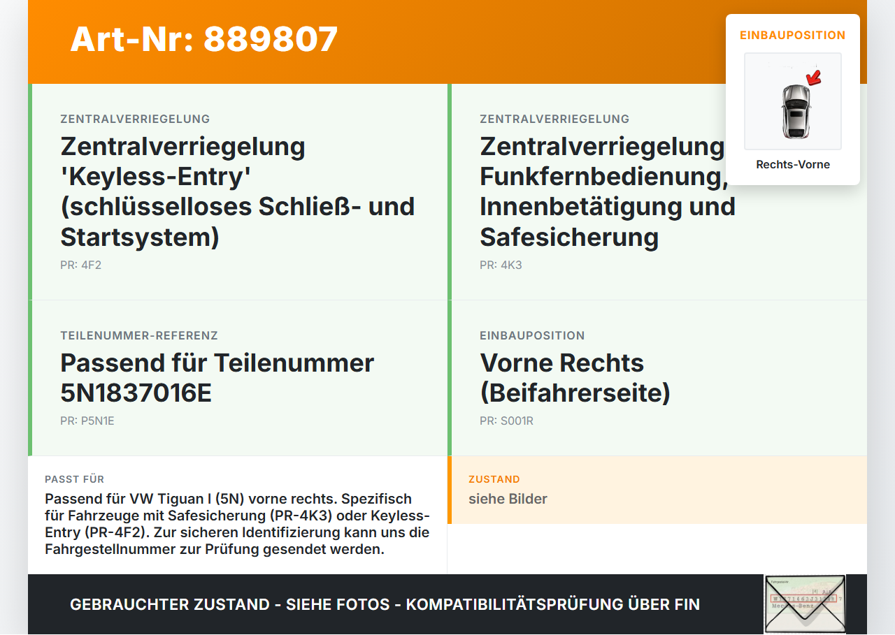 VW Tiguan I 5N 11-16 Türschloss Stellmotor m. ZV Rechts Vorne VW Tiguan I 5N 11-16 10.08.2011 5N1837016E 5N1837016C... Vorschau 3