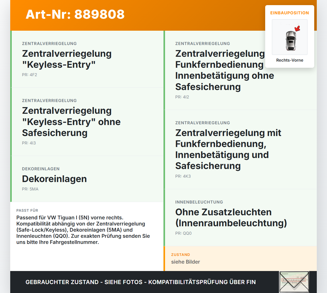 VW Tiguan I 5N 11-16 Türgriff Griffmuschel Griff Innen Rechts Vorne VW Tiguan I 5N 11-16 10.08.2011 5N1837114D gebraucht Vorschau 3