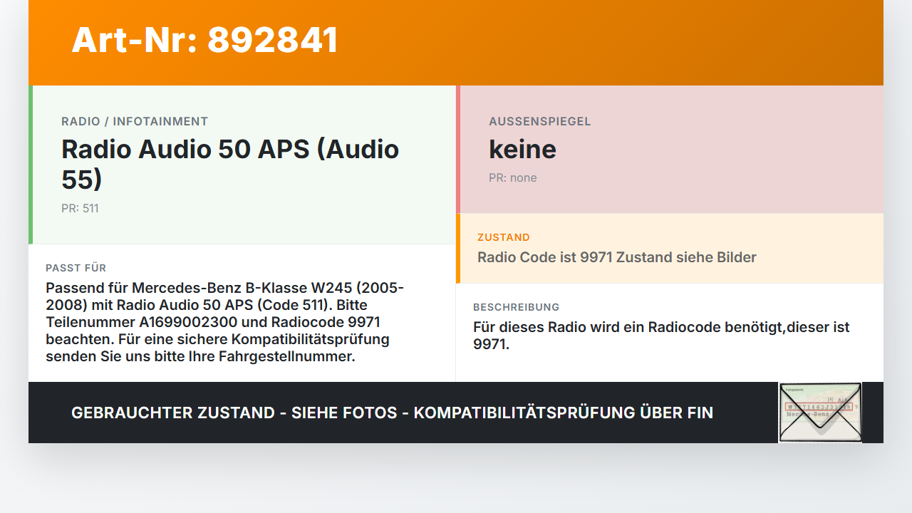 Mercedes W245 B200 05-08 Radio CD-Radio Audio 55 Mercedes W245 B200 05-08 25.05.2010 A1699002300 gebraucht Vorschau 3