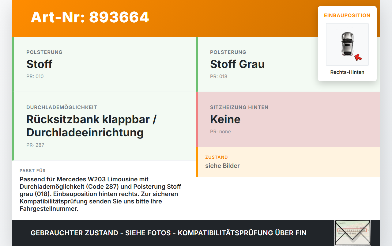Mercedes W203 C200K 04-07 Lim Sitzpolster Rechts f. Rücksitzbank Hinten Mercedes W203 C200K 04-07 31.01.2005... Vorschau 3
