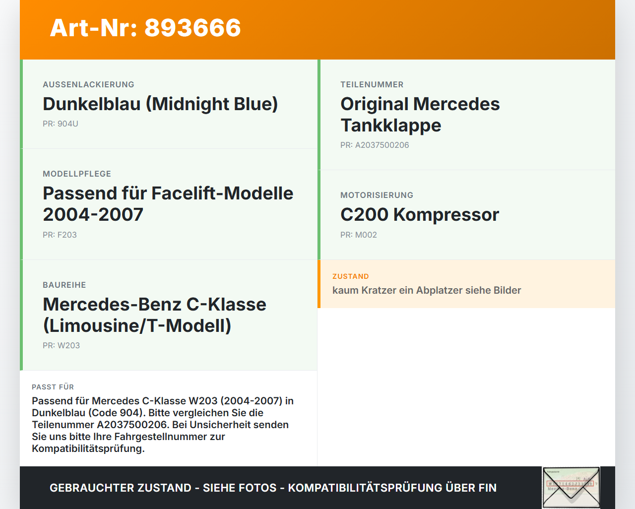 Mercedes W203 C200K 04-07 Tankdeckel Tankklappe 904 Mercedes W203 C200K 04-07 31.01.2005 A2037500206 gebraucht Vorschau 3