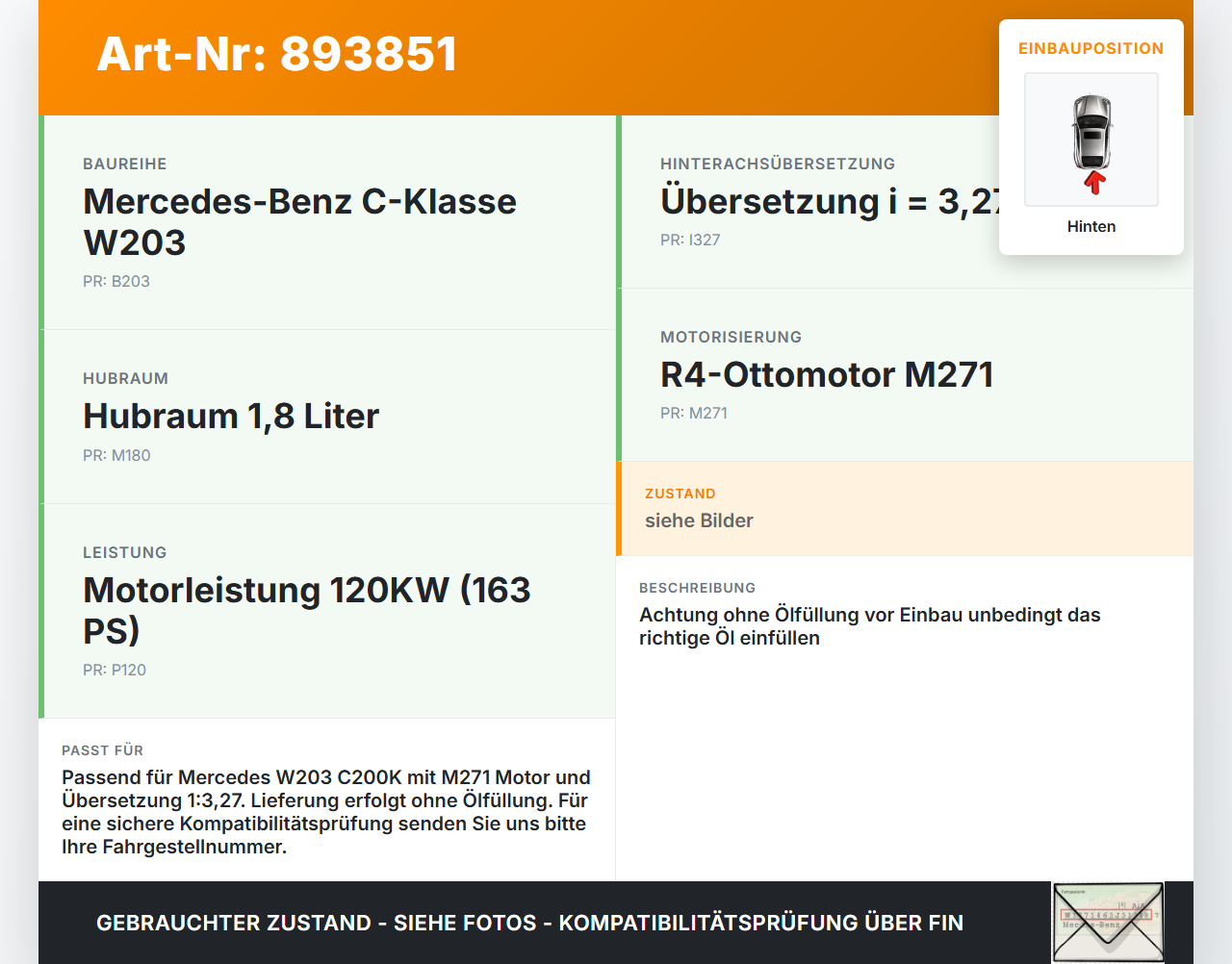 Mercedes W203 C200K 04-07 1,8 120KW Differential Hinterachsgetriebe Hinten 3,27 Mercedes W203 C200K 04-07... Vorschau 3