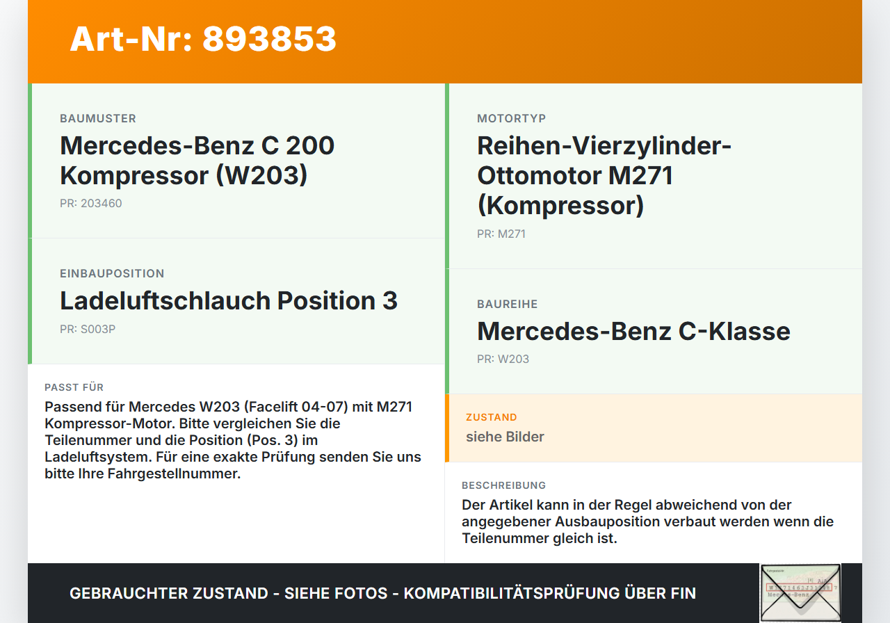 Mercedes W203 C200K 04-07 1,8 120KW Ansaugrohr Ladeluftschlauch Luftschlauch Pos.3 Mercedes W203 C200K 04-07... Vorschau 3