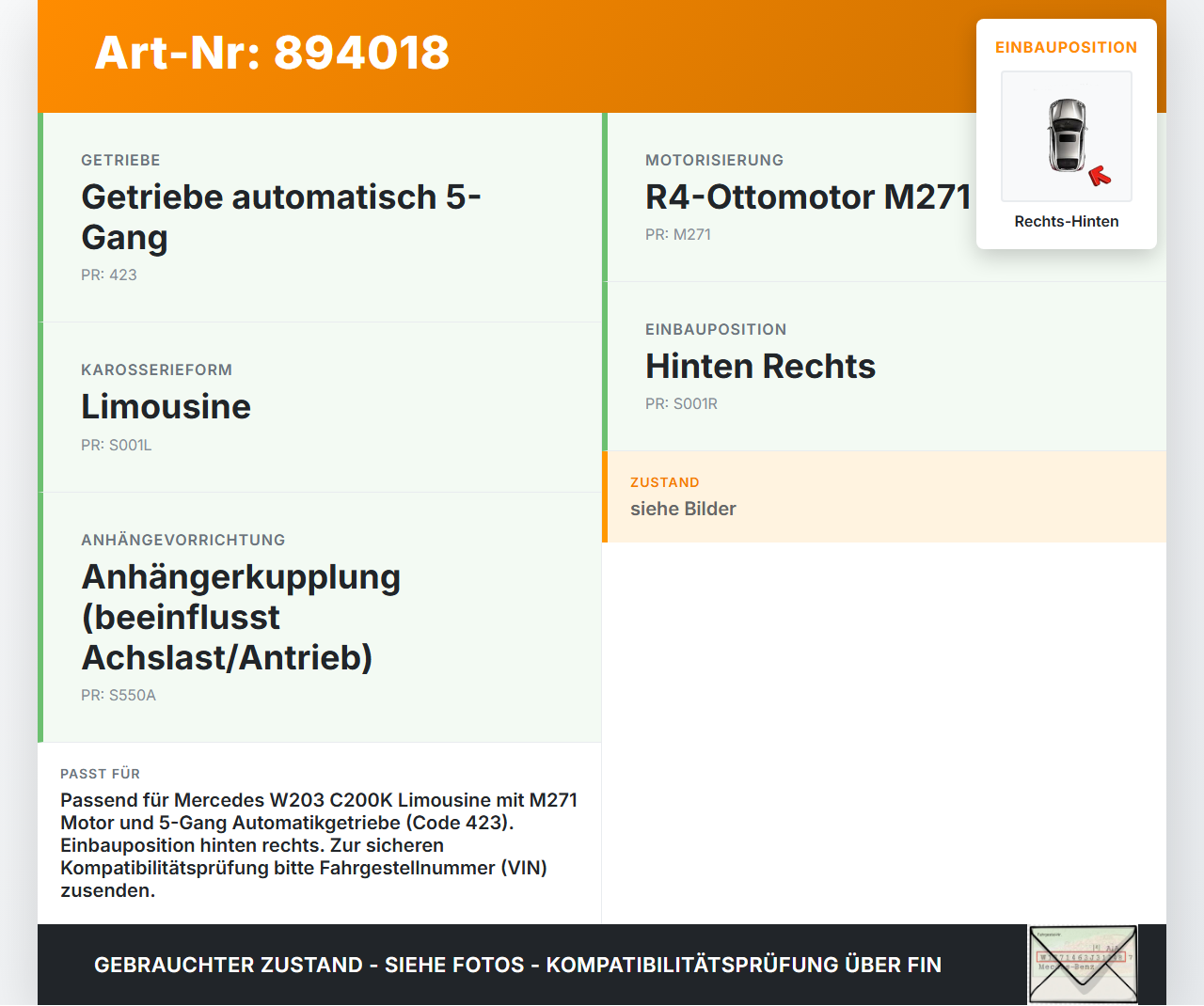 Mercedes W203 C200K 04-07 Lim 1,8 120KW Antriebswelle Gelenkwelle Rechts Hinten Mercedes W203 C200K 04-07... Vorschau 3