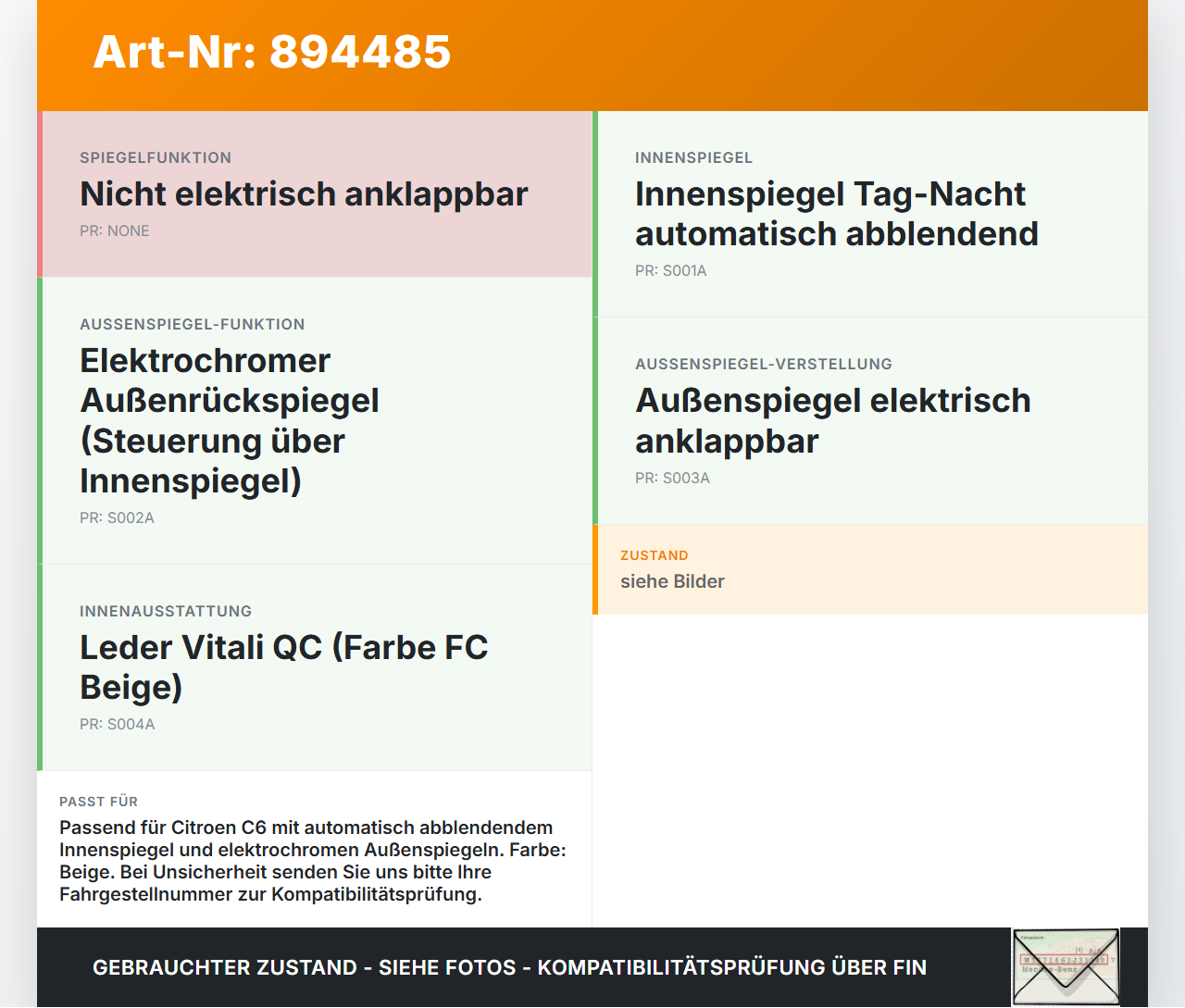 Citroen C6 05-11 Innenspiegel Rückspiegel Spiegel Innen Citroen C6 05-11 01.05.2005 8149XP 905-0622 gebraucht Vorschau 3