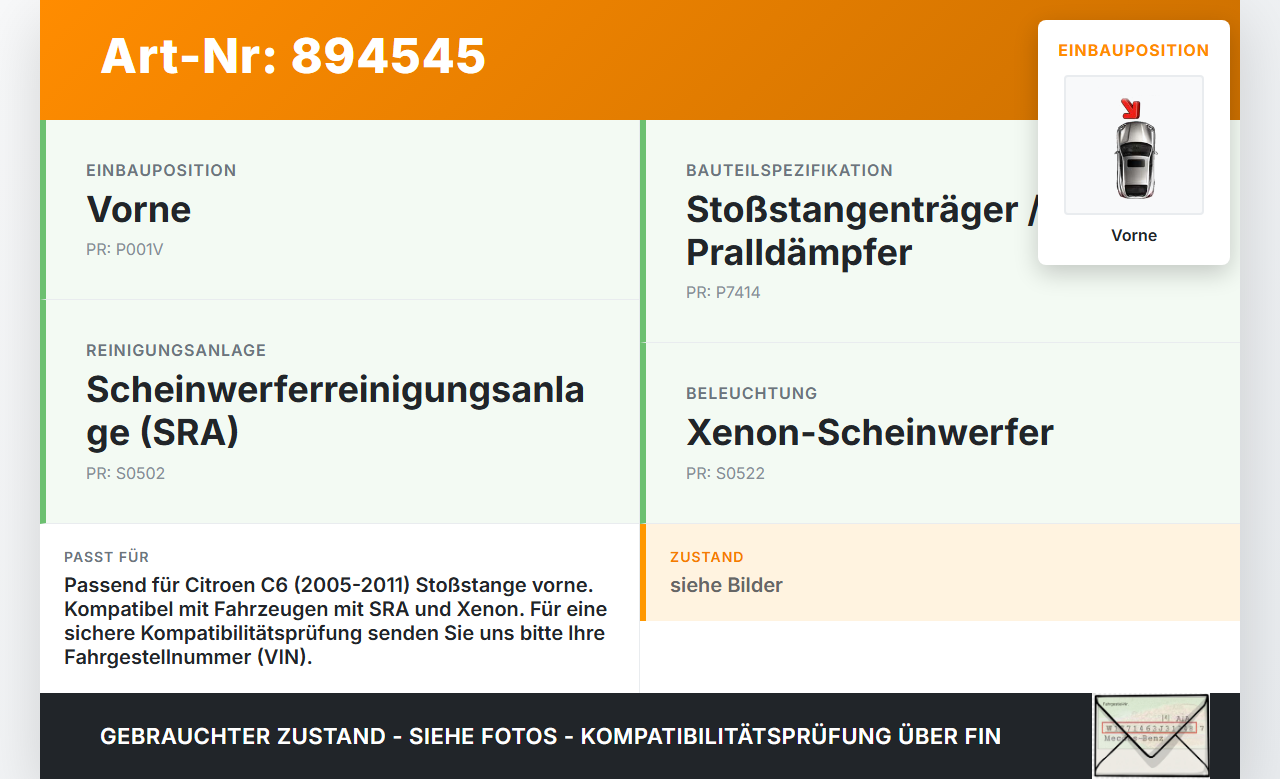 Citroen C6 05-11 Stoßstange Träger Pralldämpfer Vorne Citroen C6 05-11 01.05.2005 7414KX gebraucht Vorschau 3