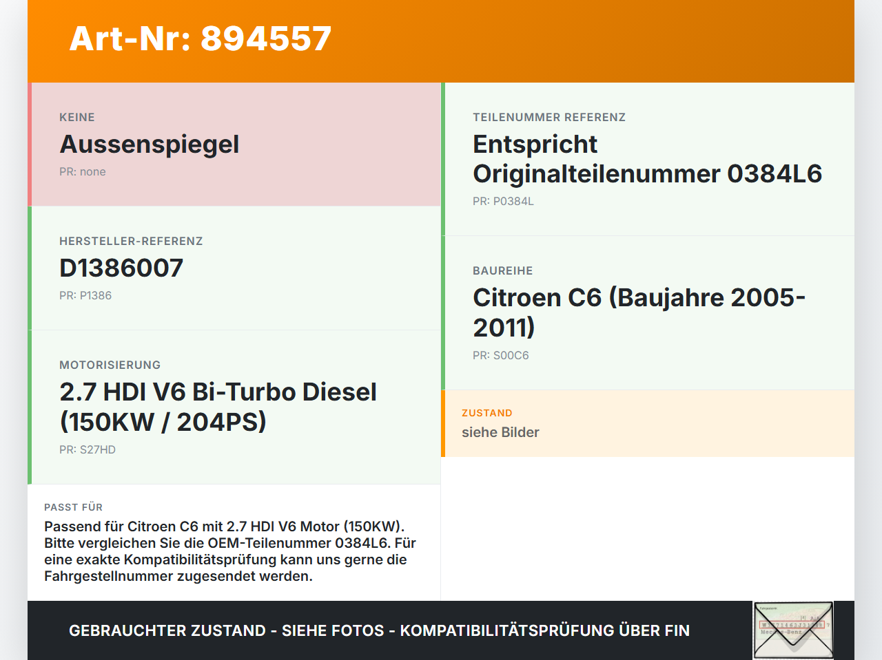Citroen C6 05-11 HDI 2,7 150KW Ladeluftkühler Kühler Citroen C6 05-11 01.05.2005 0384L6 9646300980 D1386007 gebraucht Vorschau 3