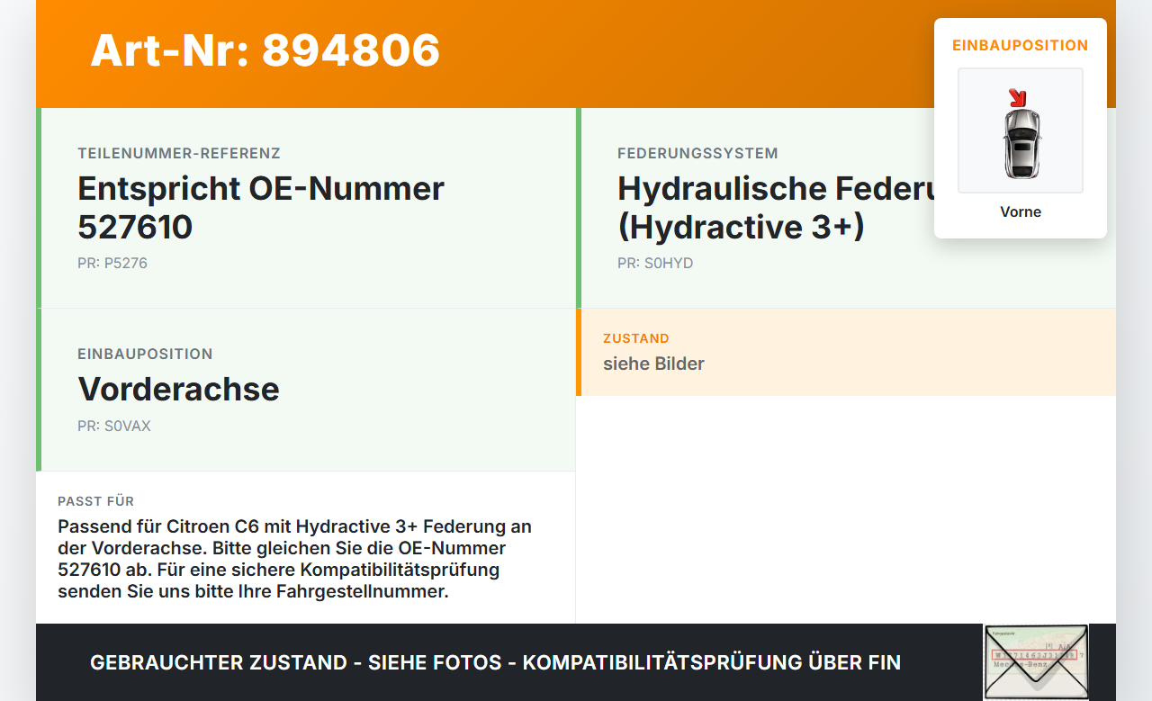 Citroen C6 05-11 Druckspeicher Federsteifigkeitsregler für Achse Vorne Citroen C6 05-11 01.05.2005 527610 gebraucht Vorschau 3