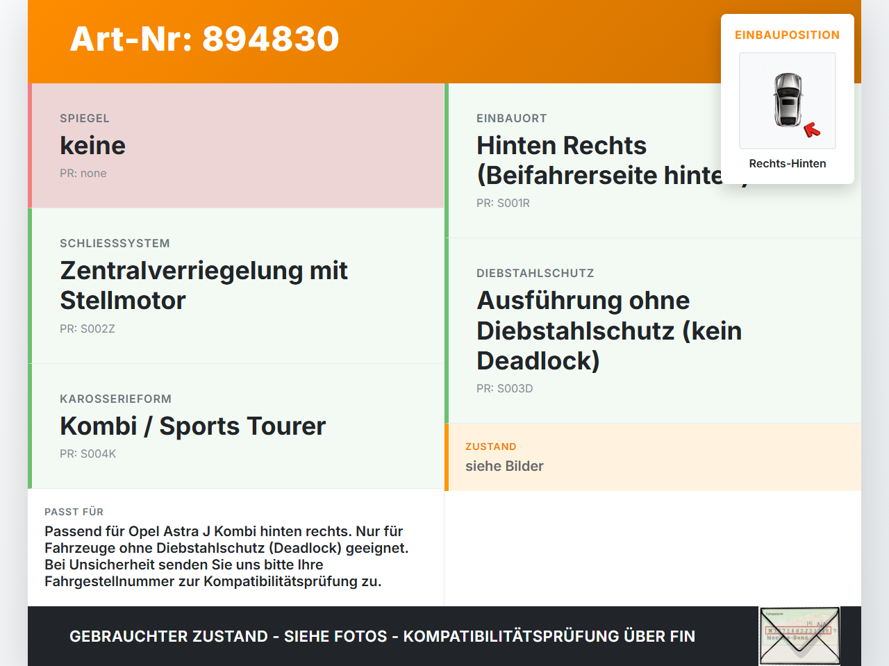 Opel Astra J 12-18 Kombi Türschloss m. ZV Stellmotor Rechts Hinten Opel Astra J 12-18 31.08.2015 13578245 1336990... Vorschau 3