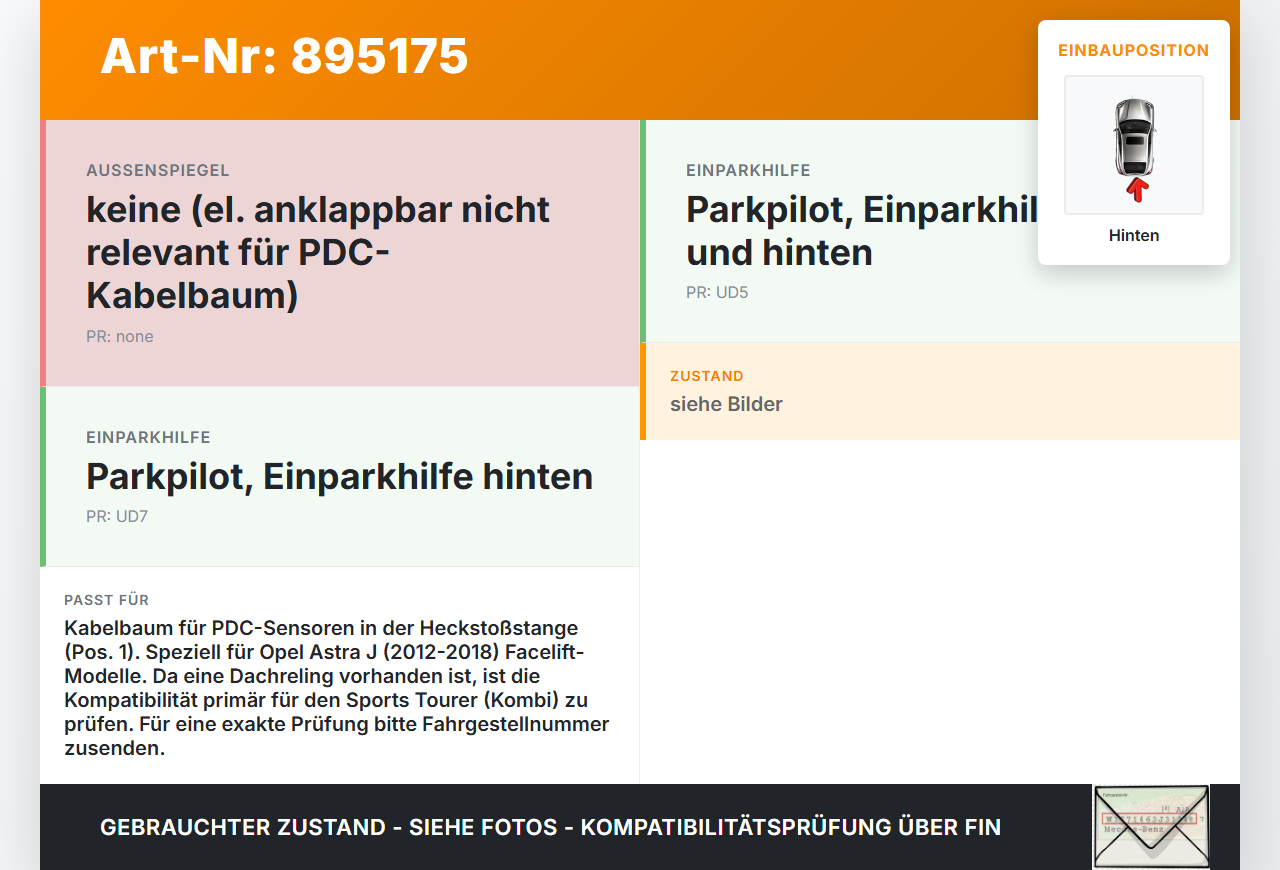Opel Astra J 12-18 PDC Kabelbaum Pos.1 Hinten Opel Astra J 12-18 31.08.2015 13374383 gebraucht Vorschau 3