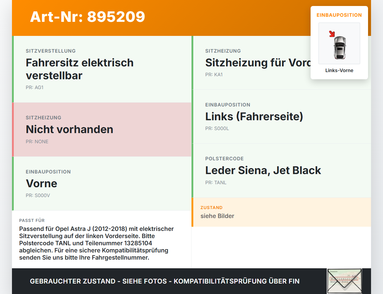 Opel Astra J 12-18 Sitzverstellung Schalter Links Vorne Opel Astra J 12-18 31.08.2015 13285104 gebraucht Vorschau 3