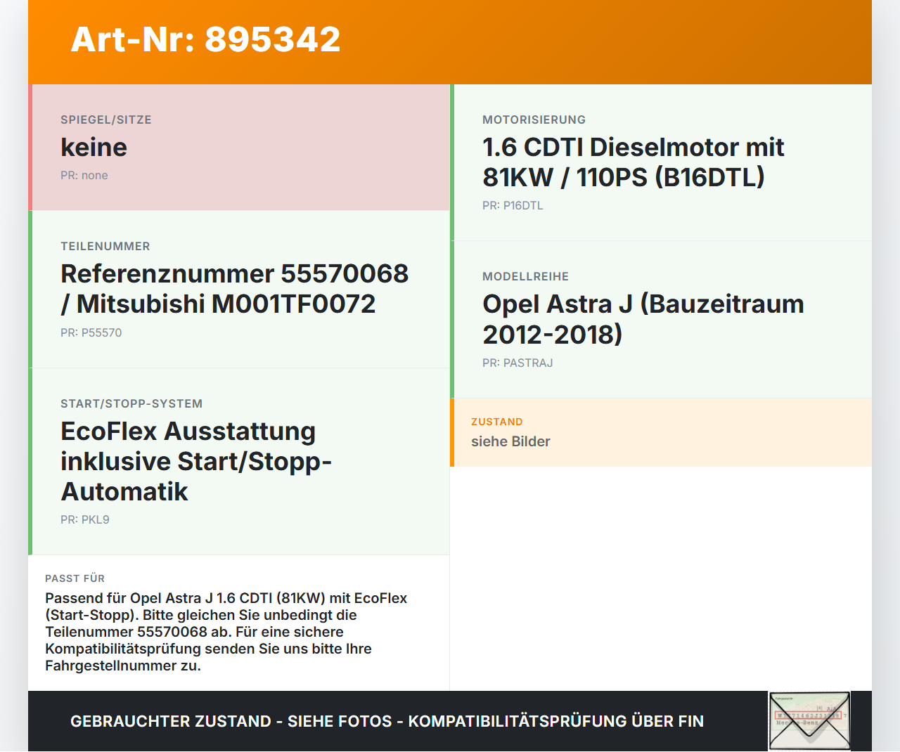 Opel Astra J 12-18 CDTI 1,6 81KW Anlasser Starter Opel Astra J 12-18 31.08.2015 M001TF0072 55570068 gebraucht Vorschau 3
