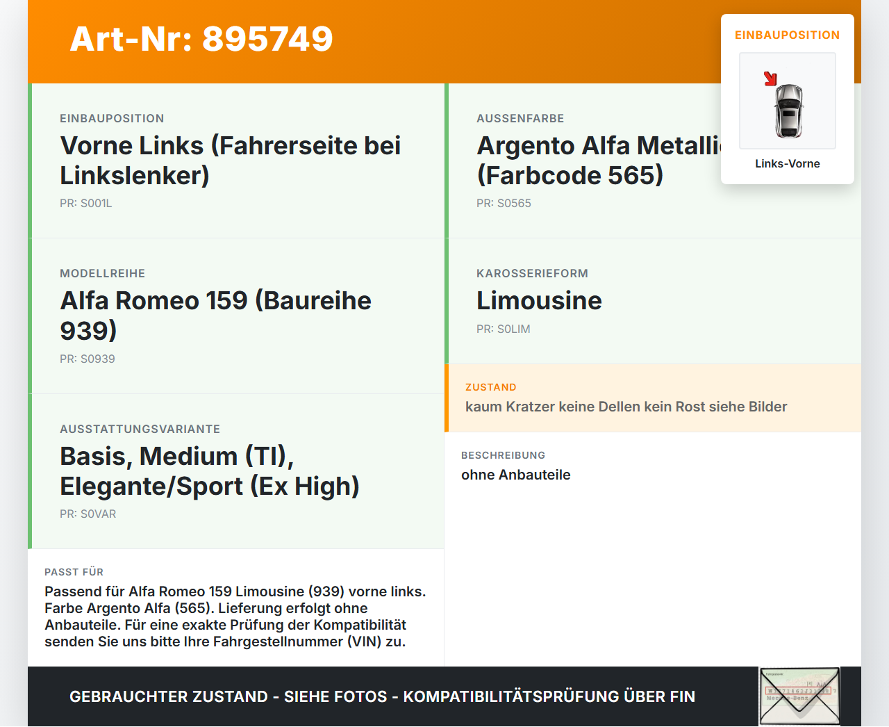 Alfa Romeo 159 939 06-11 Lim Tür Fahrertür Links Vorne 565 Alfa Romeo 159 939 06-11 09.03.2009 50513847 gebraucht Vorschau 3